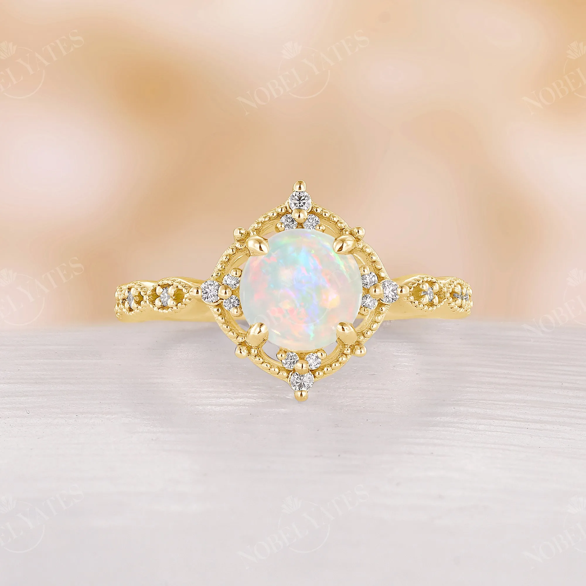 Vintage Round Opal Milgrain Engagement Ring Rose Gold