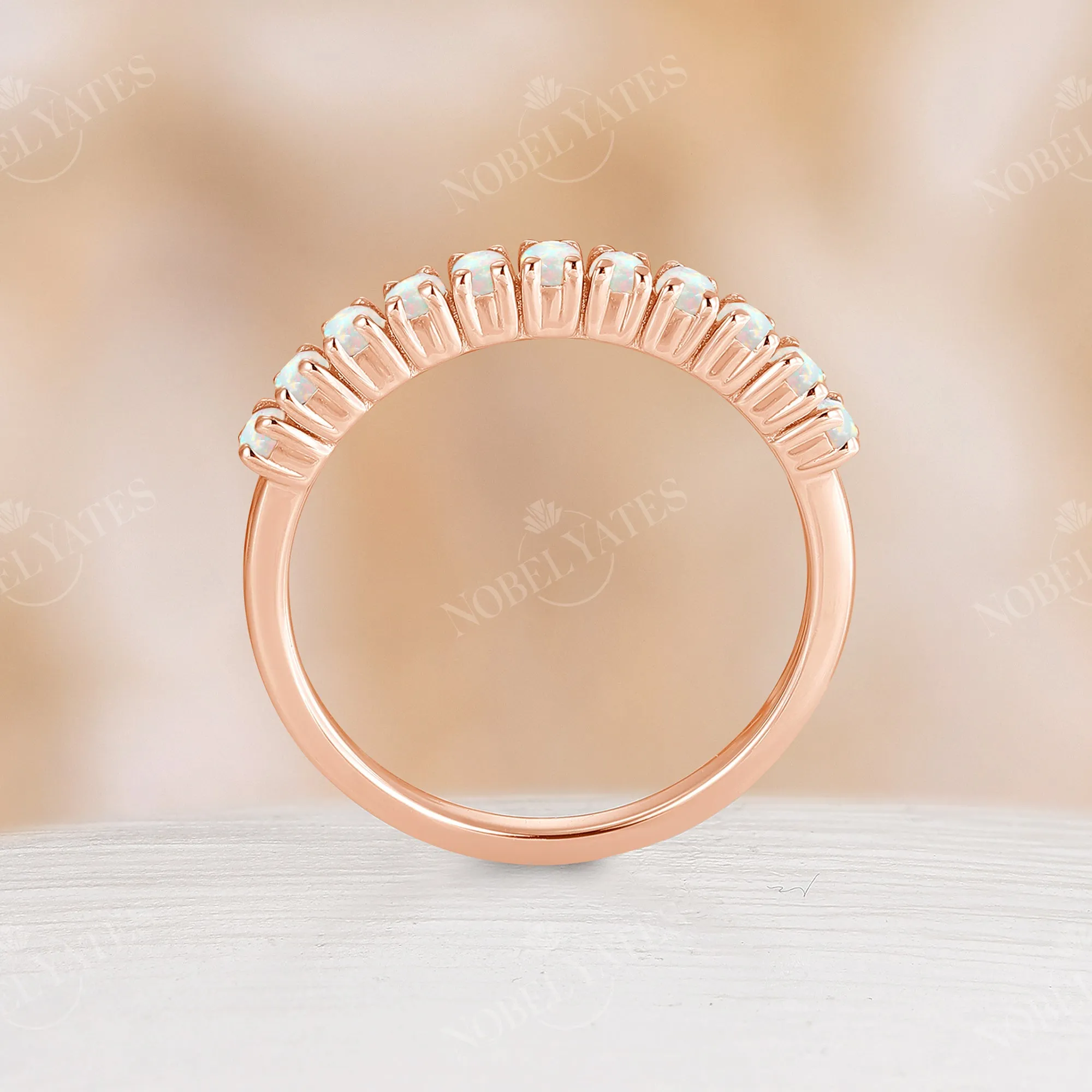 Vintage Round White Opal Rose Gold Eternity Wedding Band