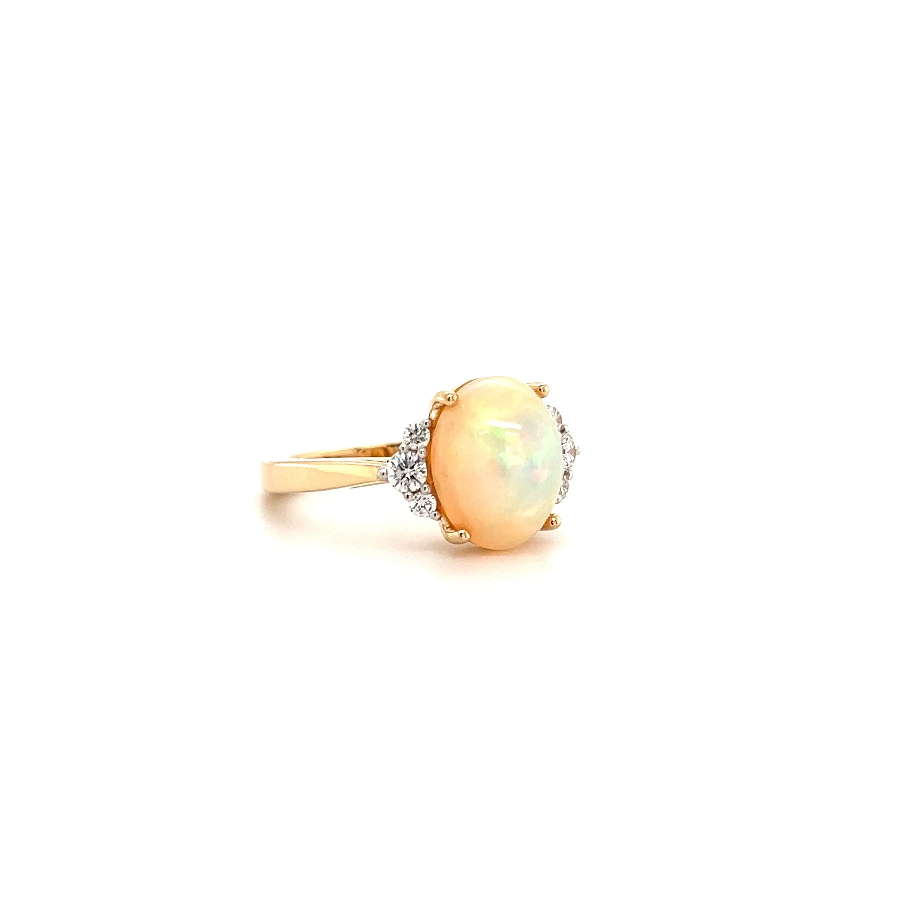 White Ethiopian Opal Ring with Six Side Diamonds in 14K Yellow Gold