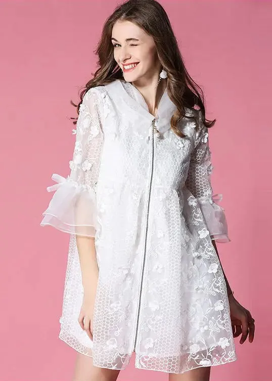 Women White Hooded Embroidered Tulle Mini Dresses Flare Sleeve HA1037