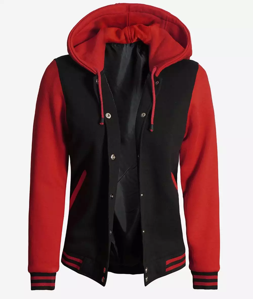 Women's Black and Red Hooded Varsity Jacket - Baseball Style