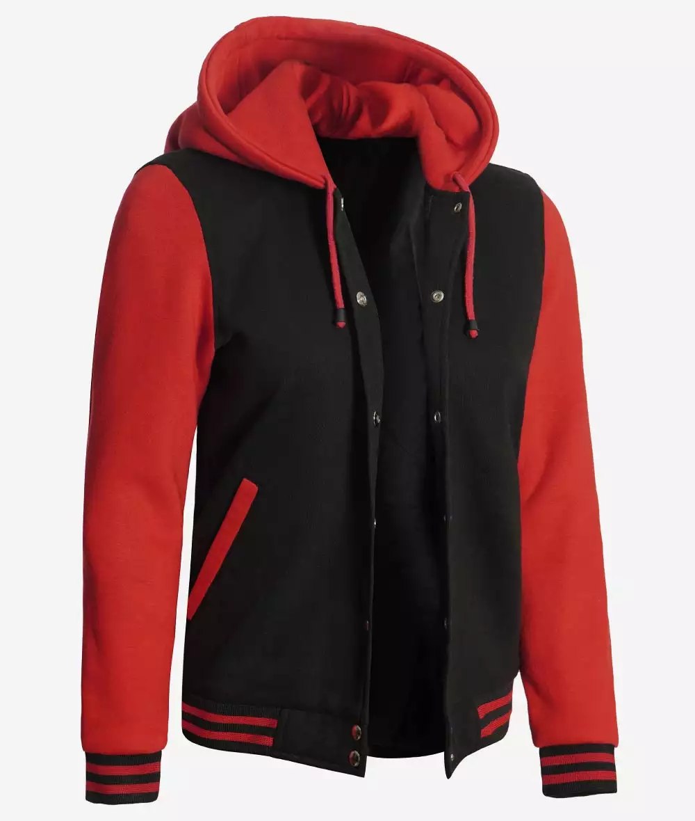 Women's Black and Red Hooded Varsity Jacket - Baseball Style