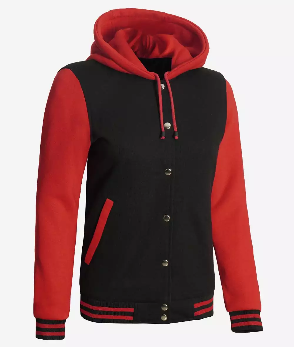 Women's Black and Red Hooded Varsity Jacket - Baseball Style