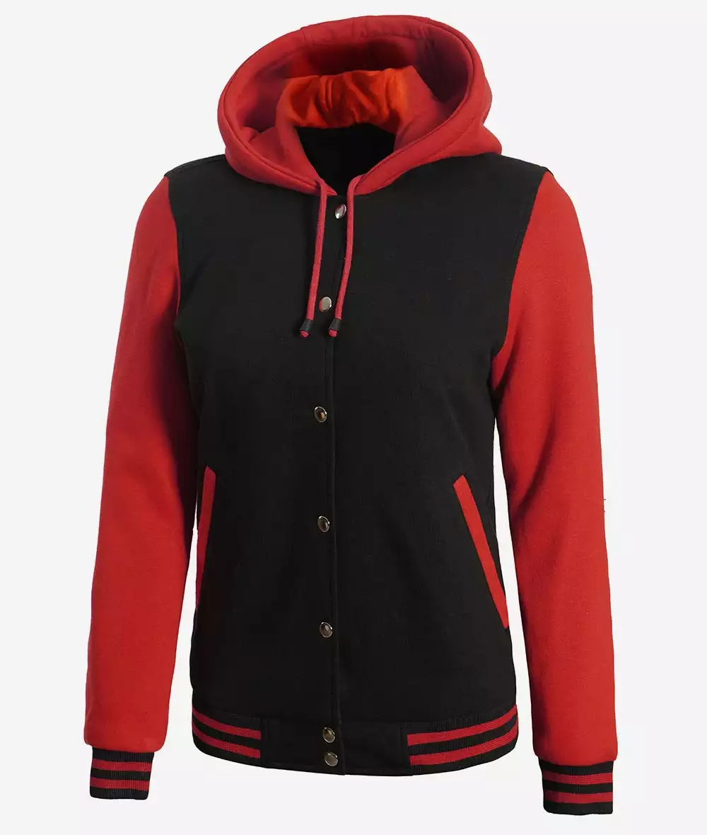 Women's Black and Red Hooded Varsity Jacket - Baseball Style