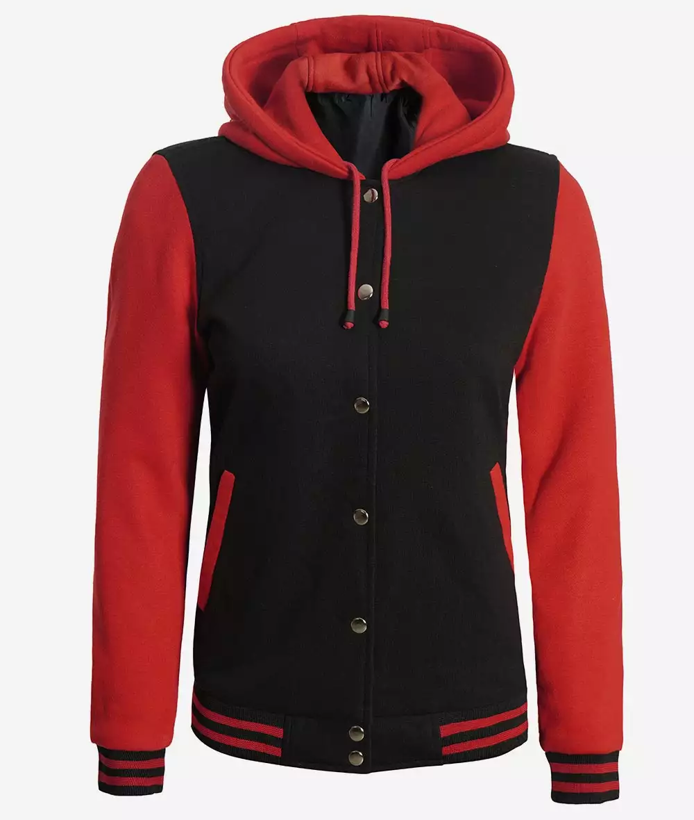 Women's Black and Red Hooded Varsity Jacket - Baseball Style