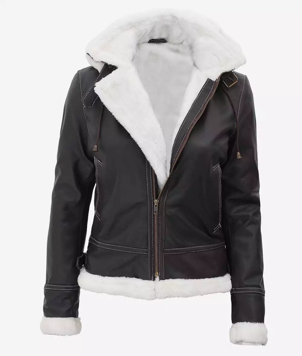 Women's Mary B3 Hooded Brown Shearling Bomber Jacket