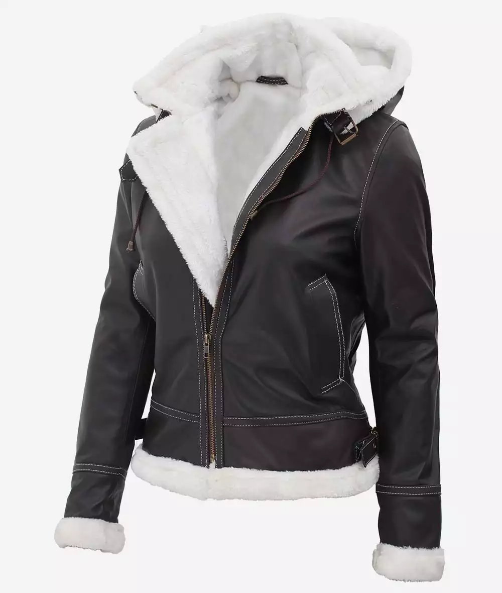 Women's Mary B3 Hooded Brown Shearling Bomber Jacket