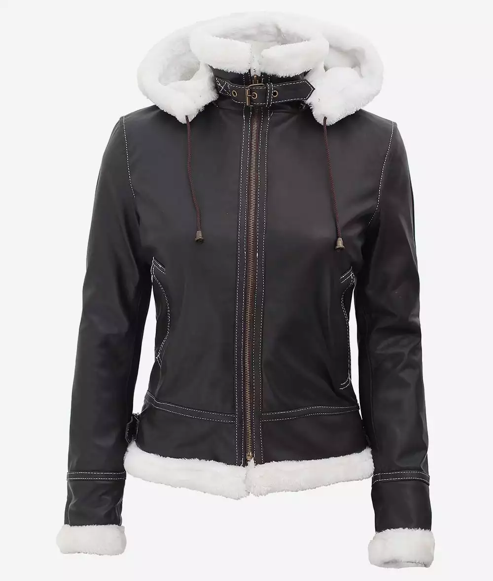 Women's Mary B3 Hooded Brown Shearling Bomber Jacket