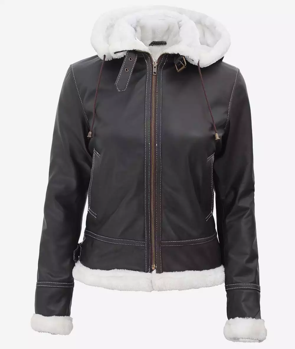 Women's Mary B3 Hooded Brown Shearling Bomber Jacket