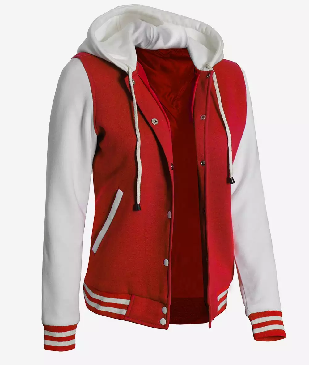 Women's Red and White Hooded Varsity Jacket - Highschool Baseball Style