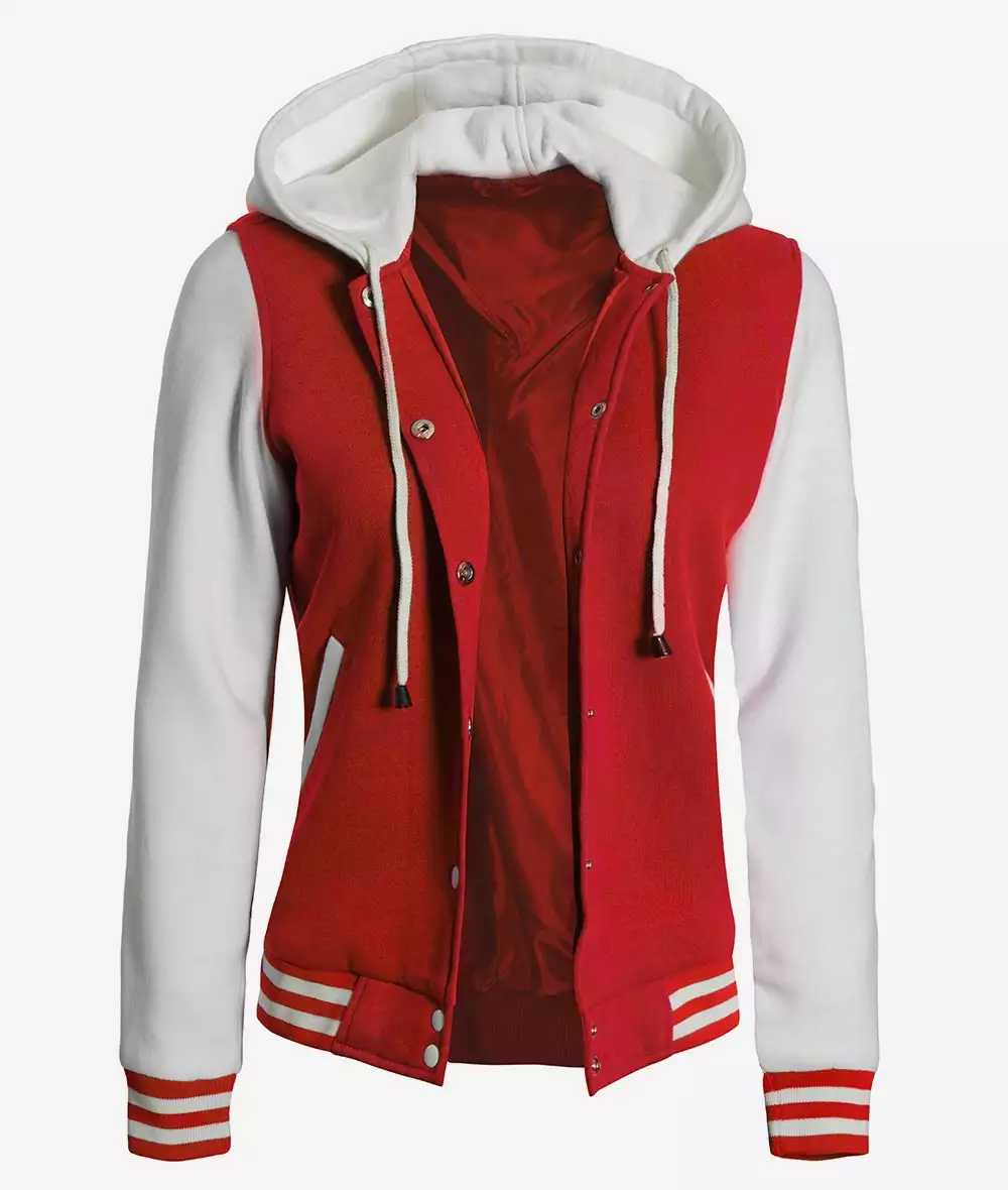 Women's Red and White Hooded Varsity Jacket - Highschool Baseball Style