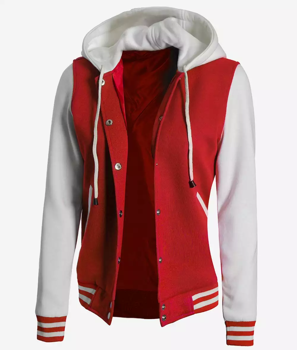 Women's Red and White Hooded Varsity Jacket - Highschool Baseball Style