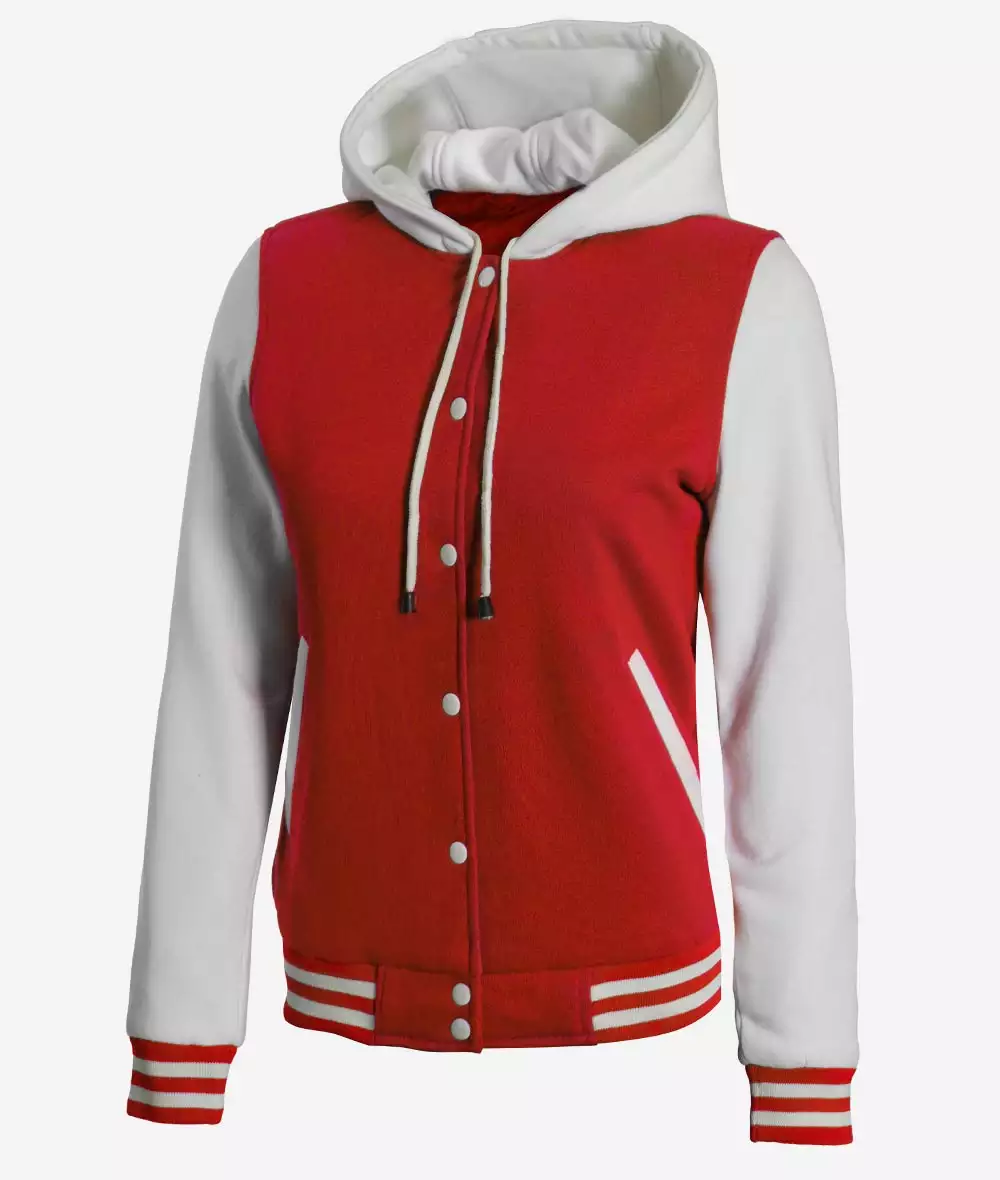 Women's Red and White Hooded Varsity Jacket - Highschool Baseball Style