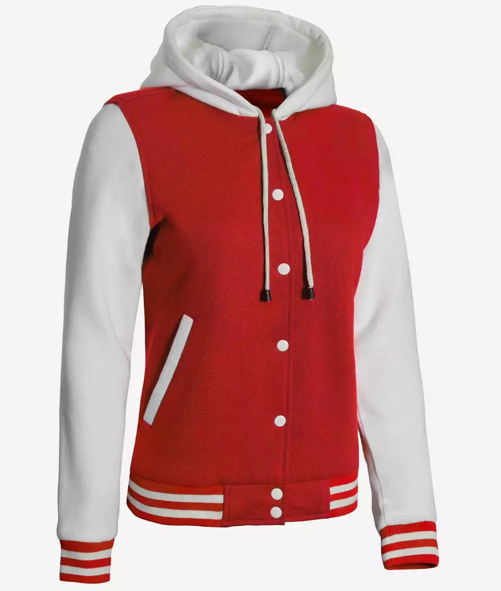 Women's Red and White Hooded Varsity Jacket - Highschool Baseball Style