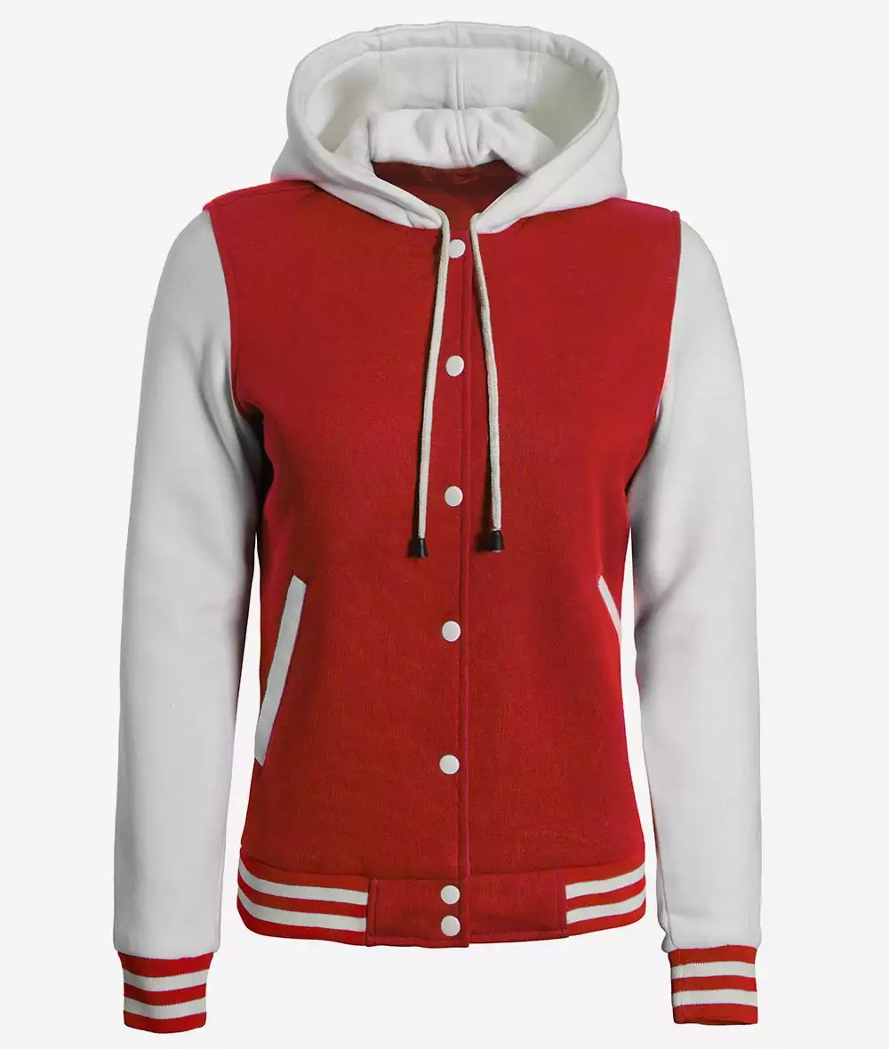 Women's Red and White Hooded Varsity Jacket - Highschool Baseball Style