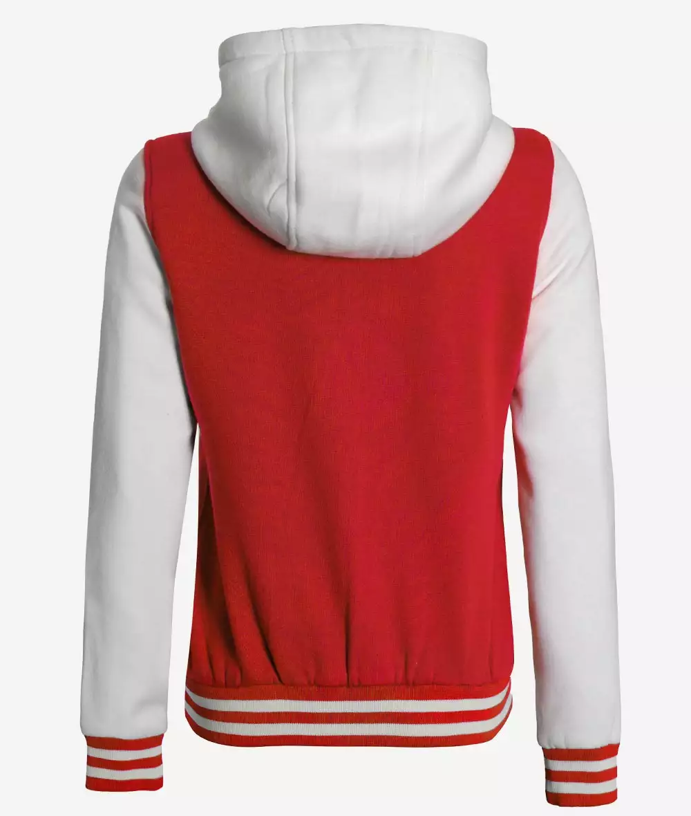 Women's Red and White Hooded Varsity Jacket - Highschool Baseball Style