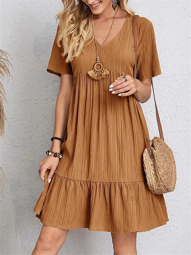 Women's Sleeveless Shift Dress with Ruffle V Neck