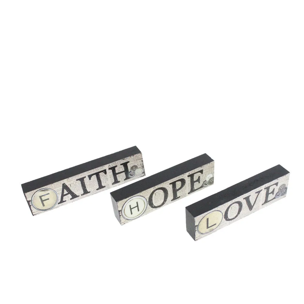 Wood Table Block Plaque - Faith Hope Love