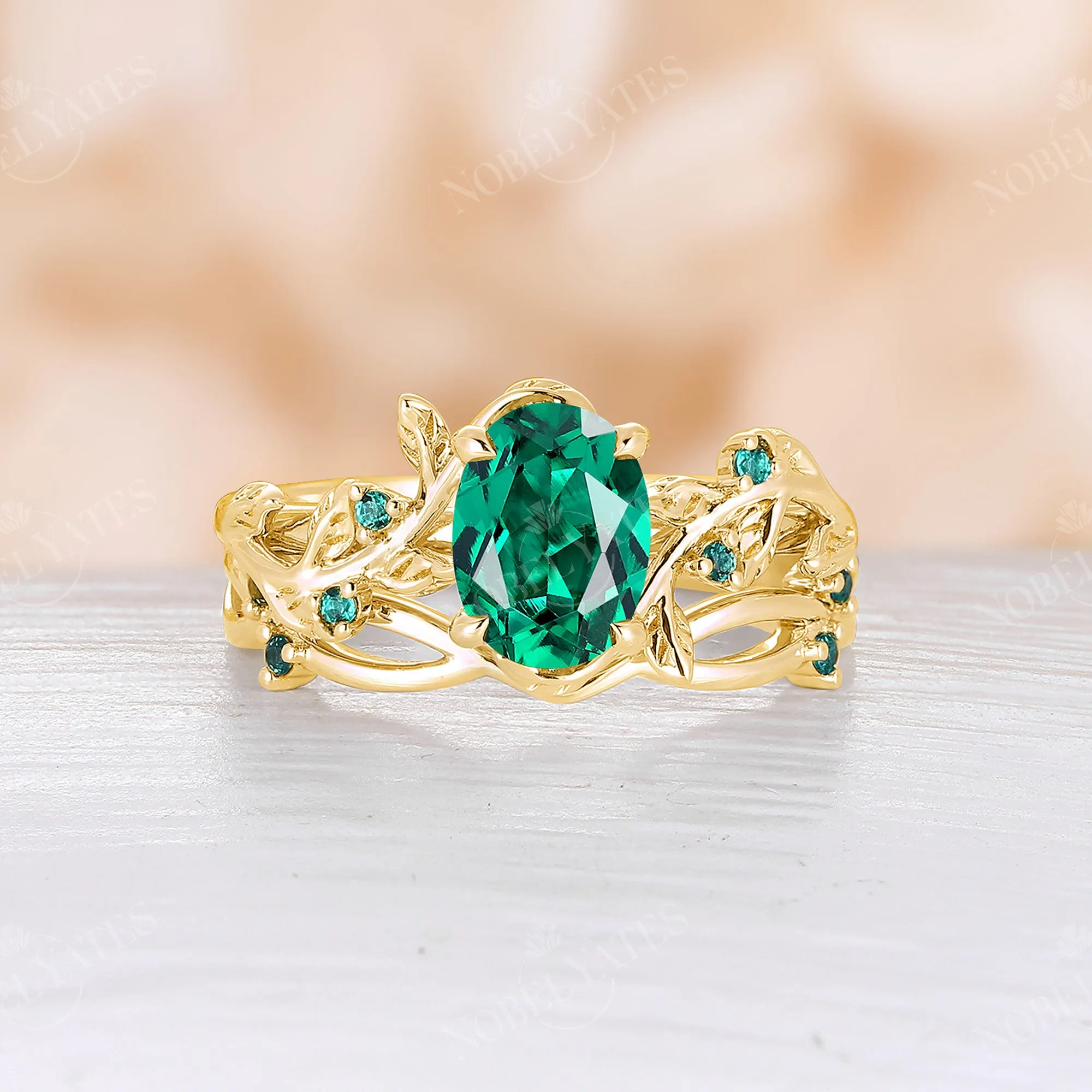 Yellow Gold Lab Emerald Oval Engagement Ring Set Nature Inspired