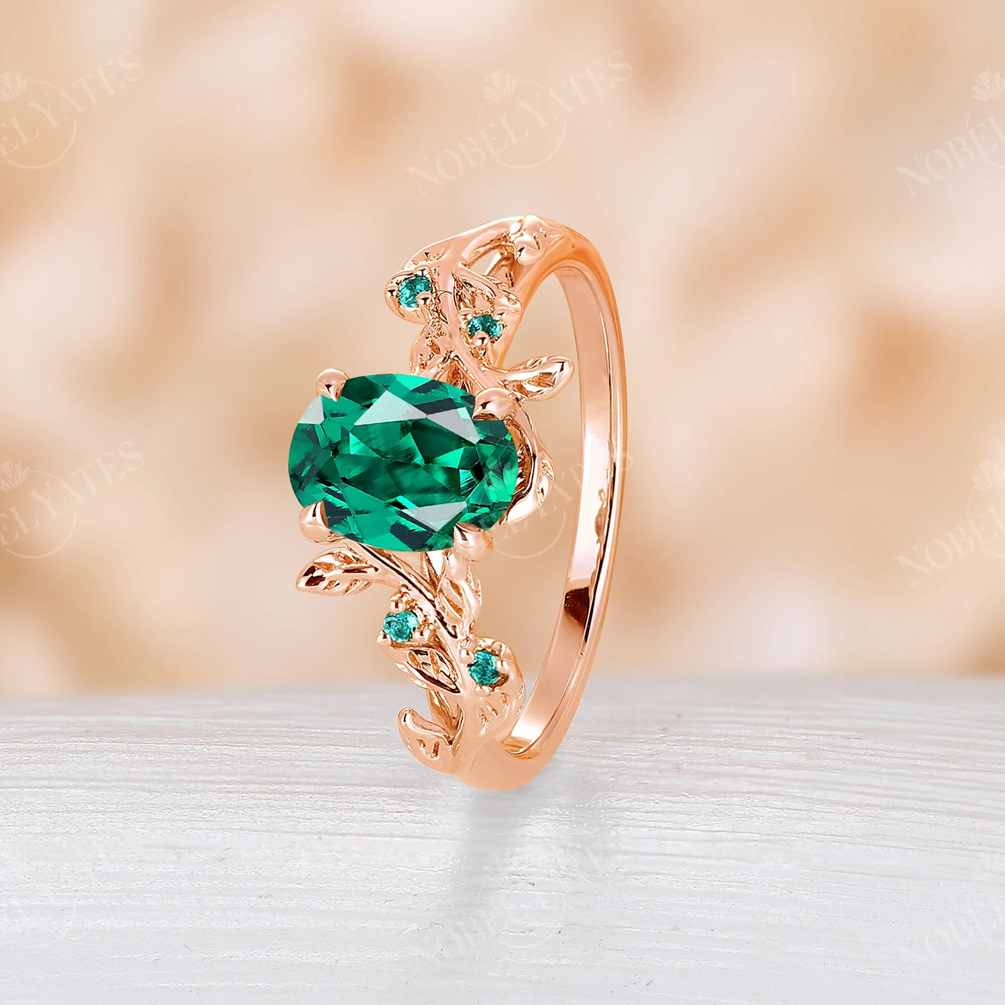 Yellow Gold Lab Emerald Oval Engagement Ring Set Nature Inspired