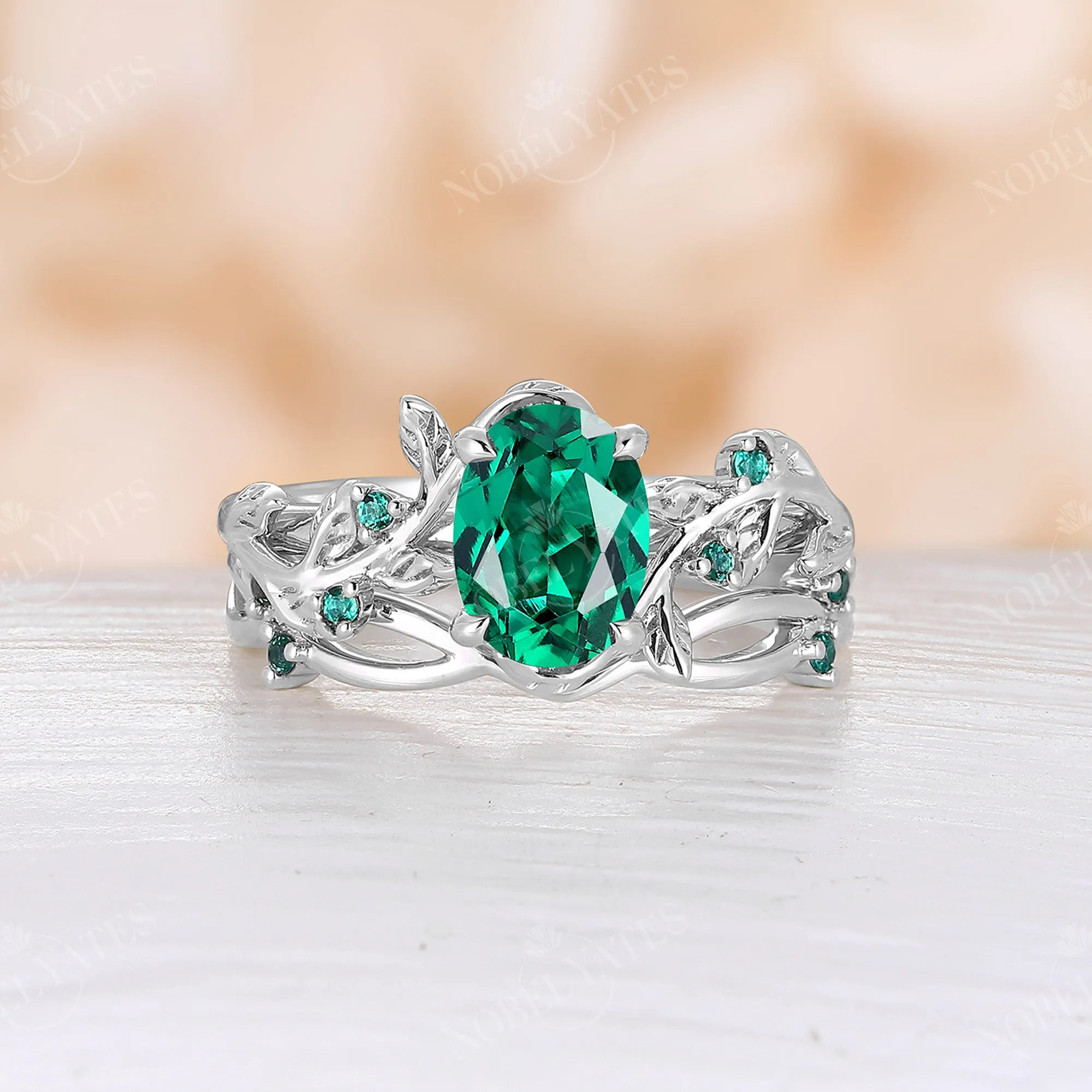 Yellow Gold Lab Emerald Oval Engagement Ring Set Nature Inspired