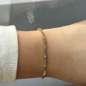 Yellow Gold Pink Sapphire Diamond Tennis Paperclip Bracelet